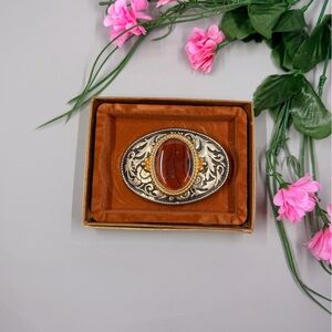 Vintage Silver and Gold Plated Genuine Stone New With Tags Belt Buckle